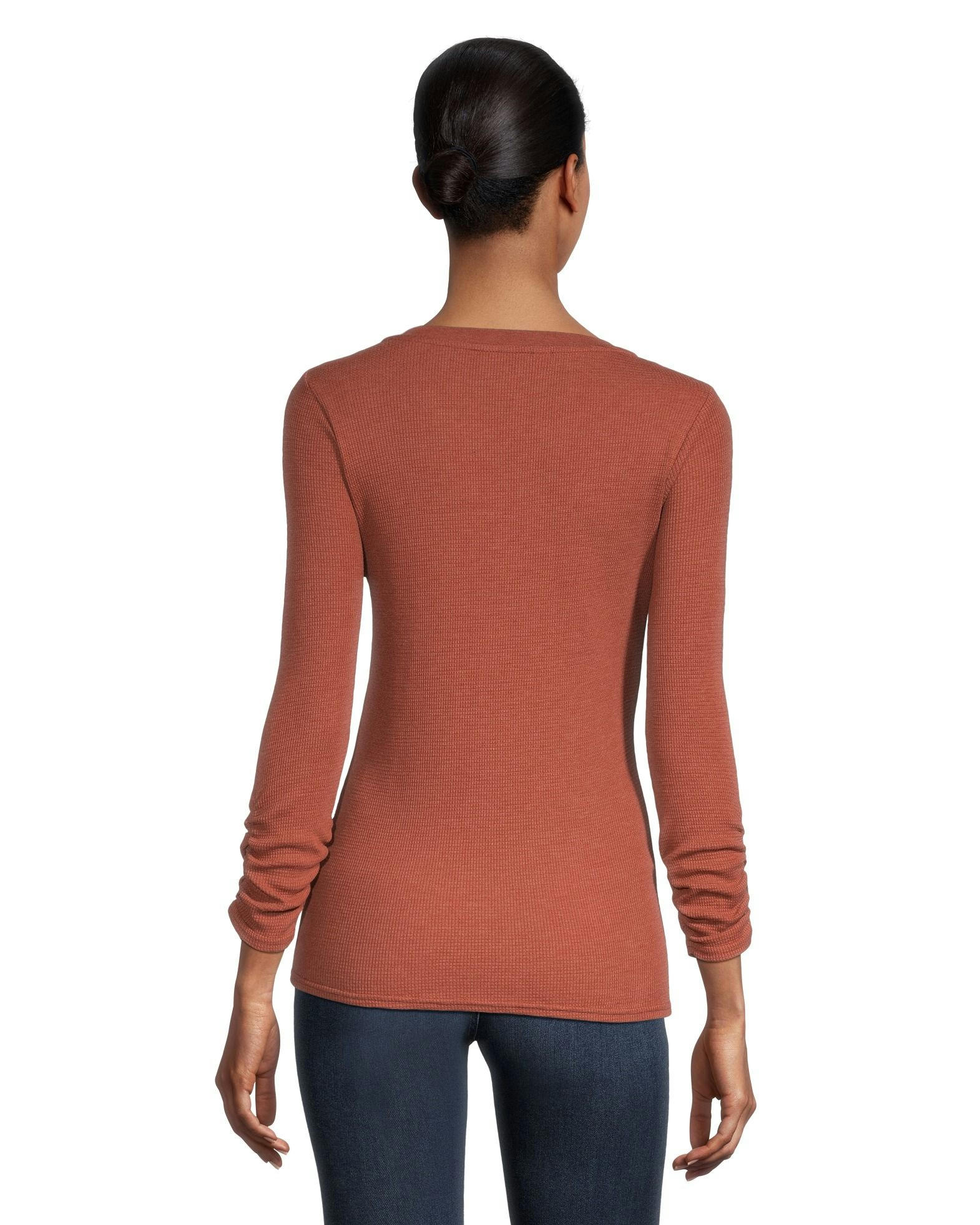 Denver Hayes Women's Semi Fitted Long Sleeve Y Neck Waffle Shirt