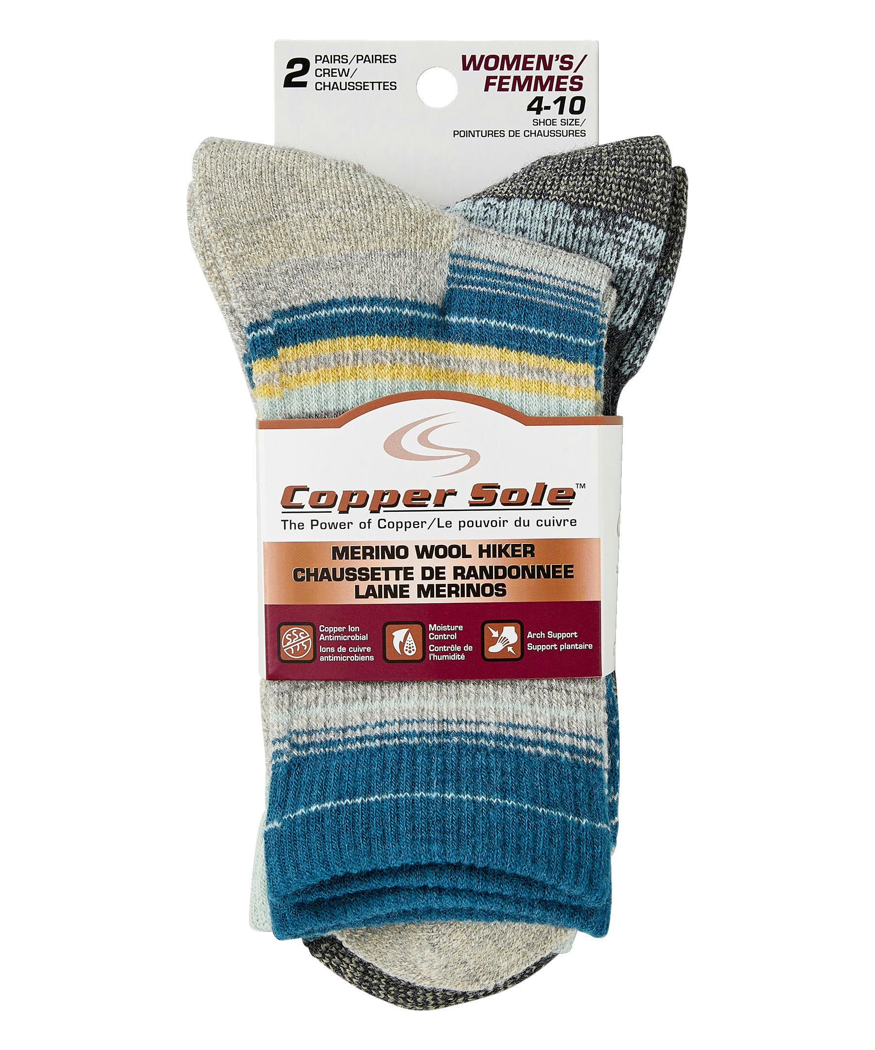 Copper Sole Women's 2 Pack Merino Wool Hiker Crew Socks