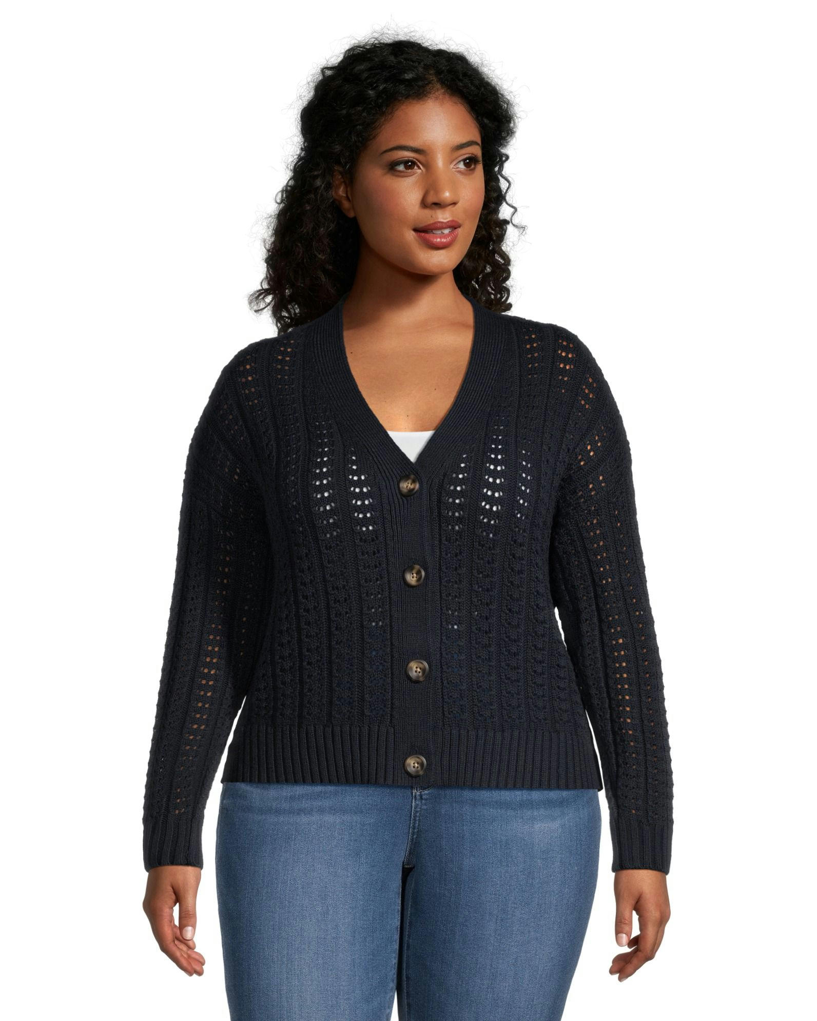 Denver Hayes Women's Semi Fitted Drop Shoulder Button Up Cardigan