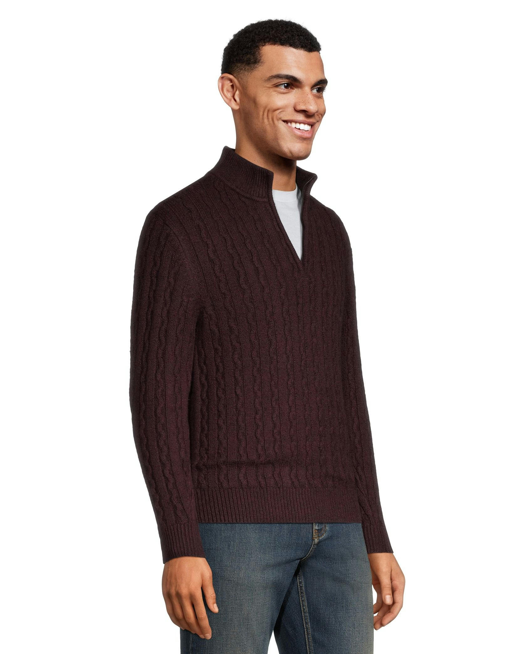 Denver Hayes Men's Cable Stitch Quarter Close Mock Neck Sweater