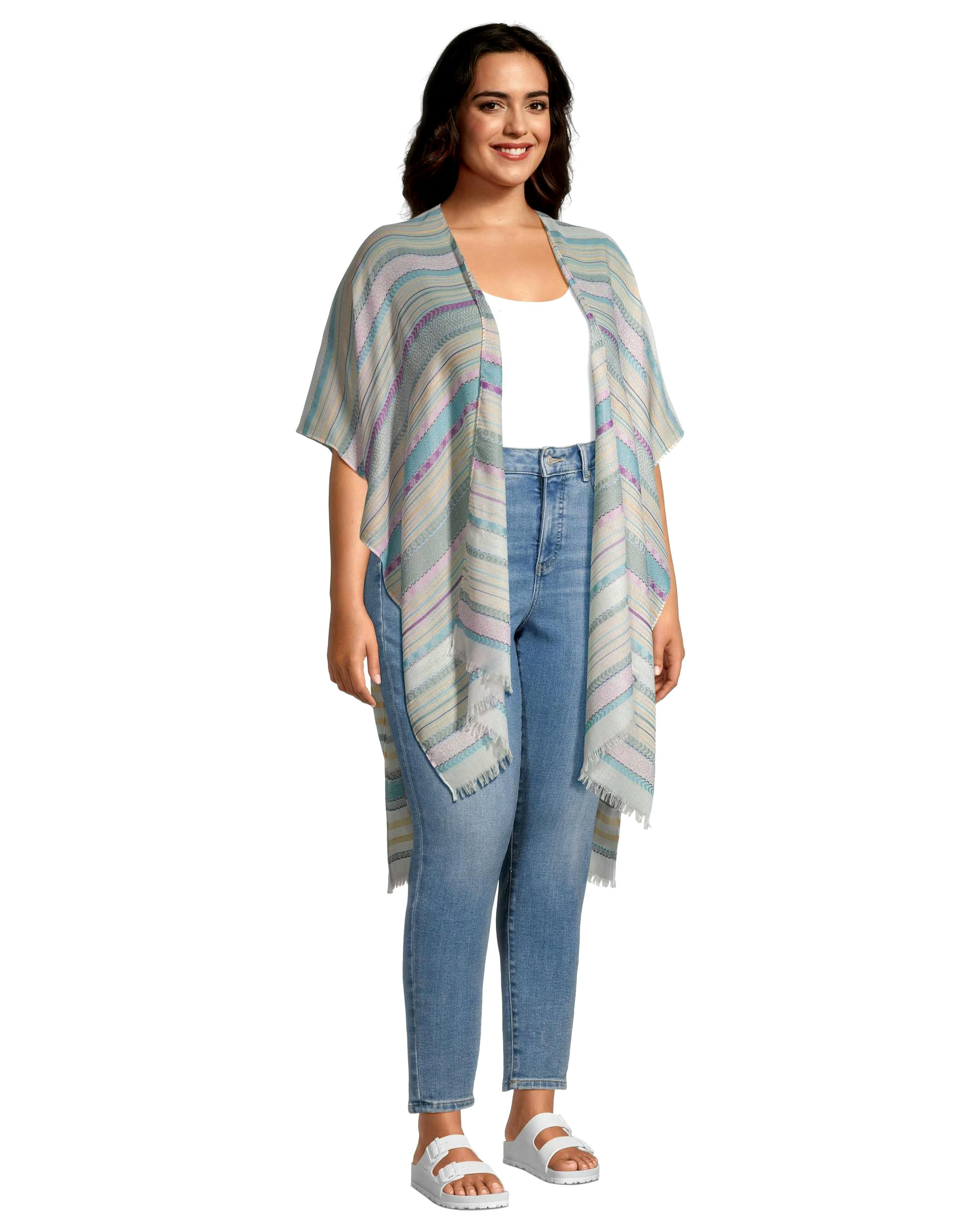 FarWest Women's Frayed Edge Striped Ruana