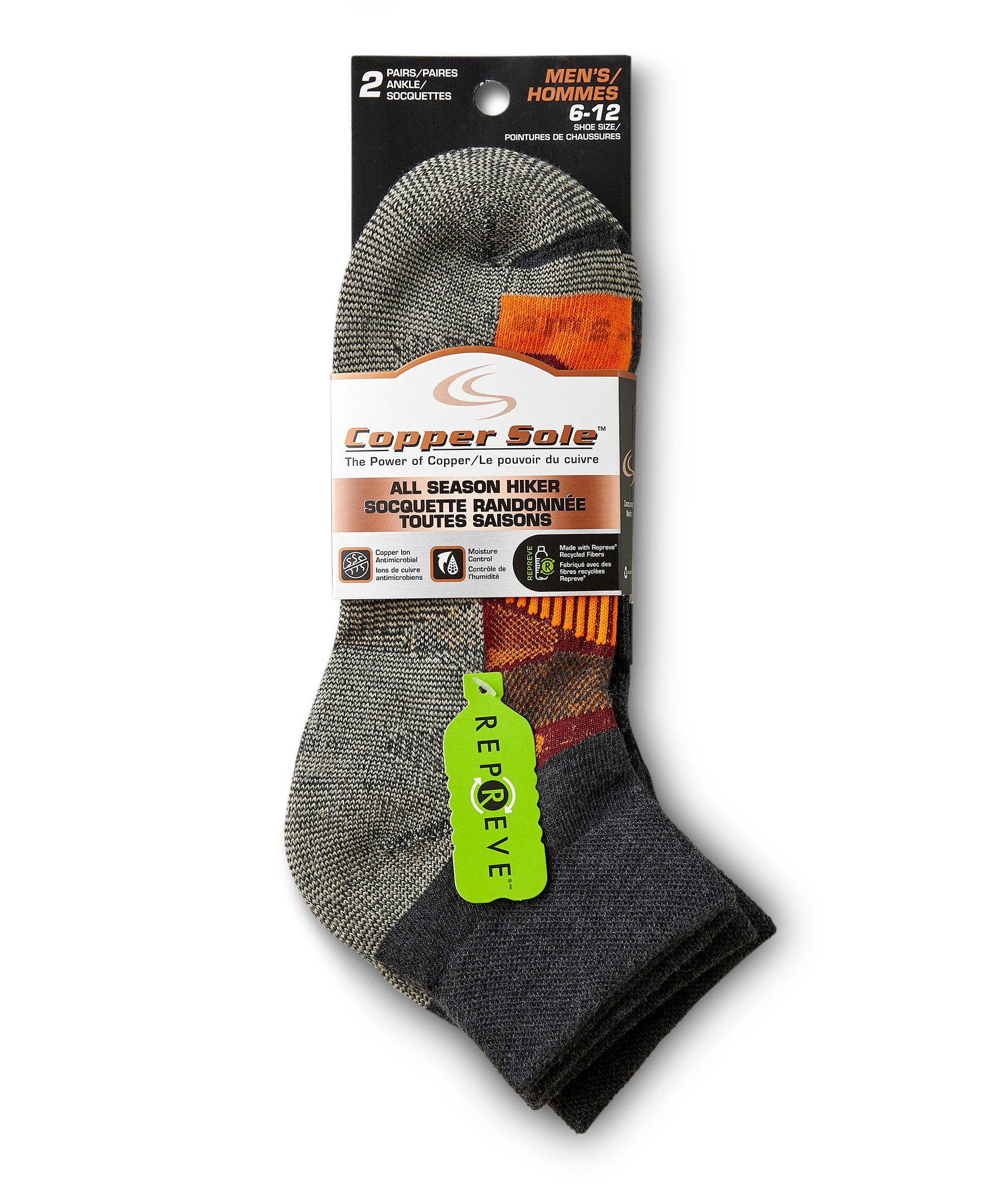 Copper Sole Men's 2 Pack All Season Hiking Moisture Guard Technology Ankle Socks