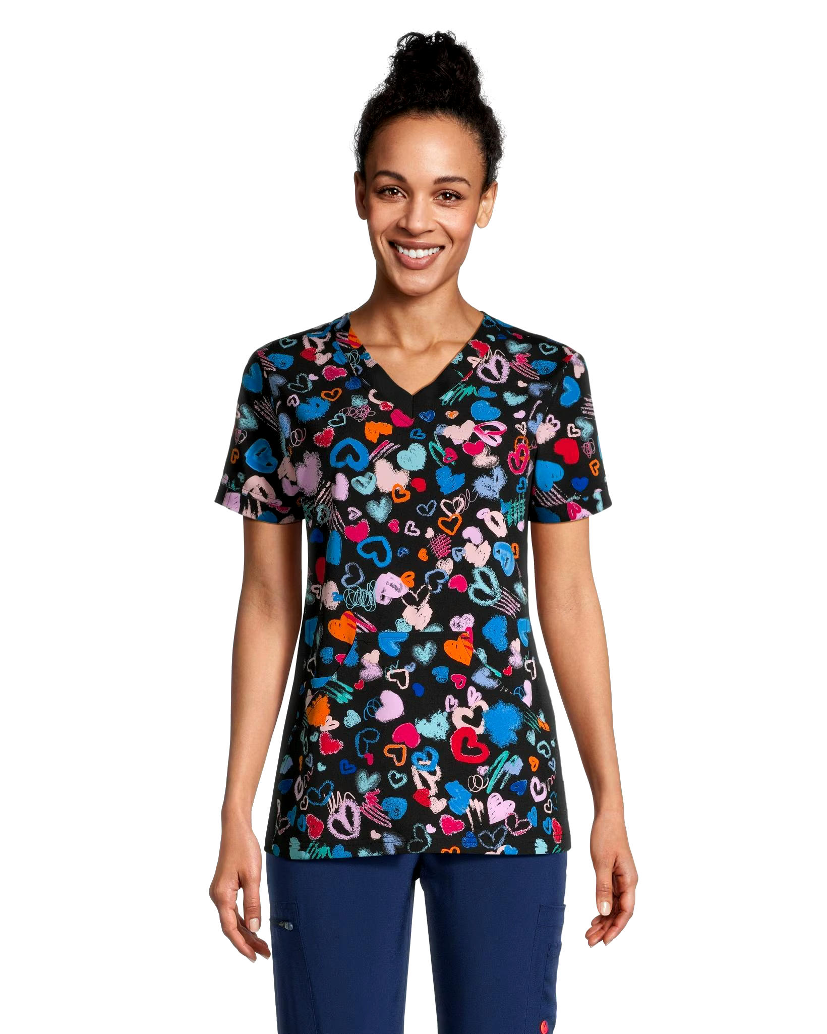Scrubletics Women's Kangaroo Pocket V Neck Grafitti Hearts Scrub Top