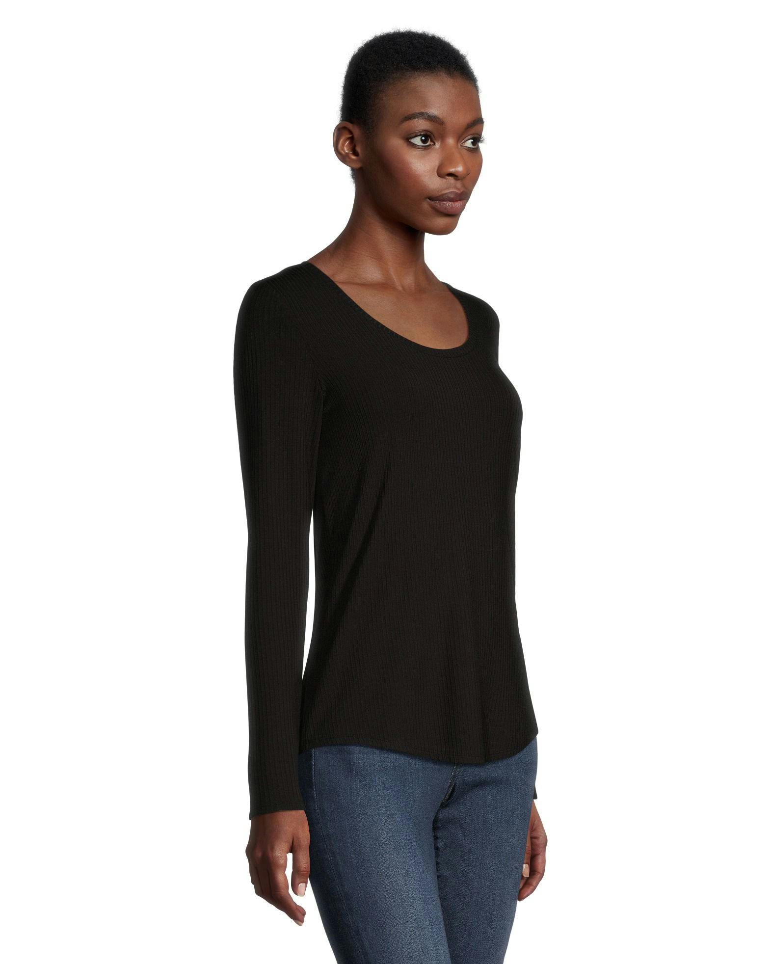 Denver Hayes Women's Relaxed Fit Long Sleeve Scoop Neck Ribbed T Shirt