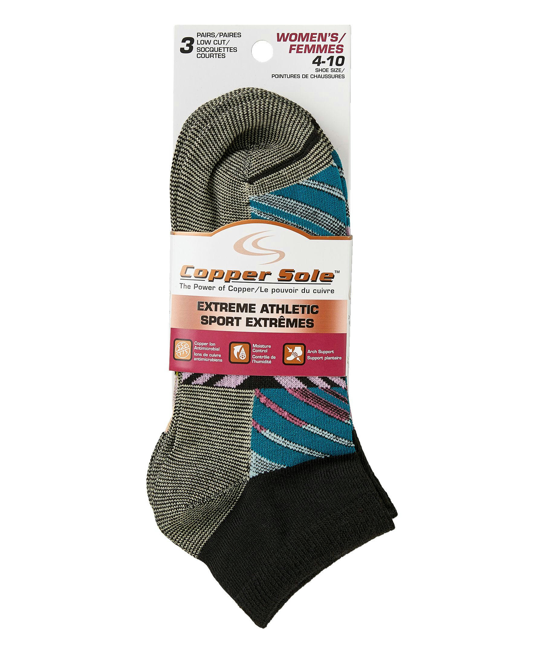 Copper Sole Women's 3 Pack Extreme Athletic Low Cut Socks