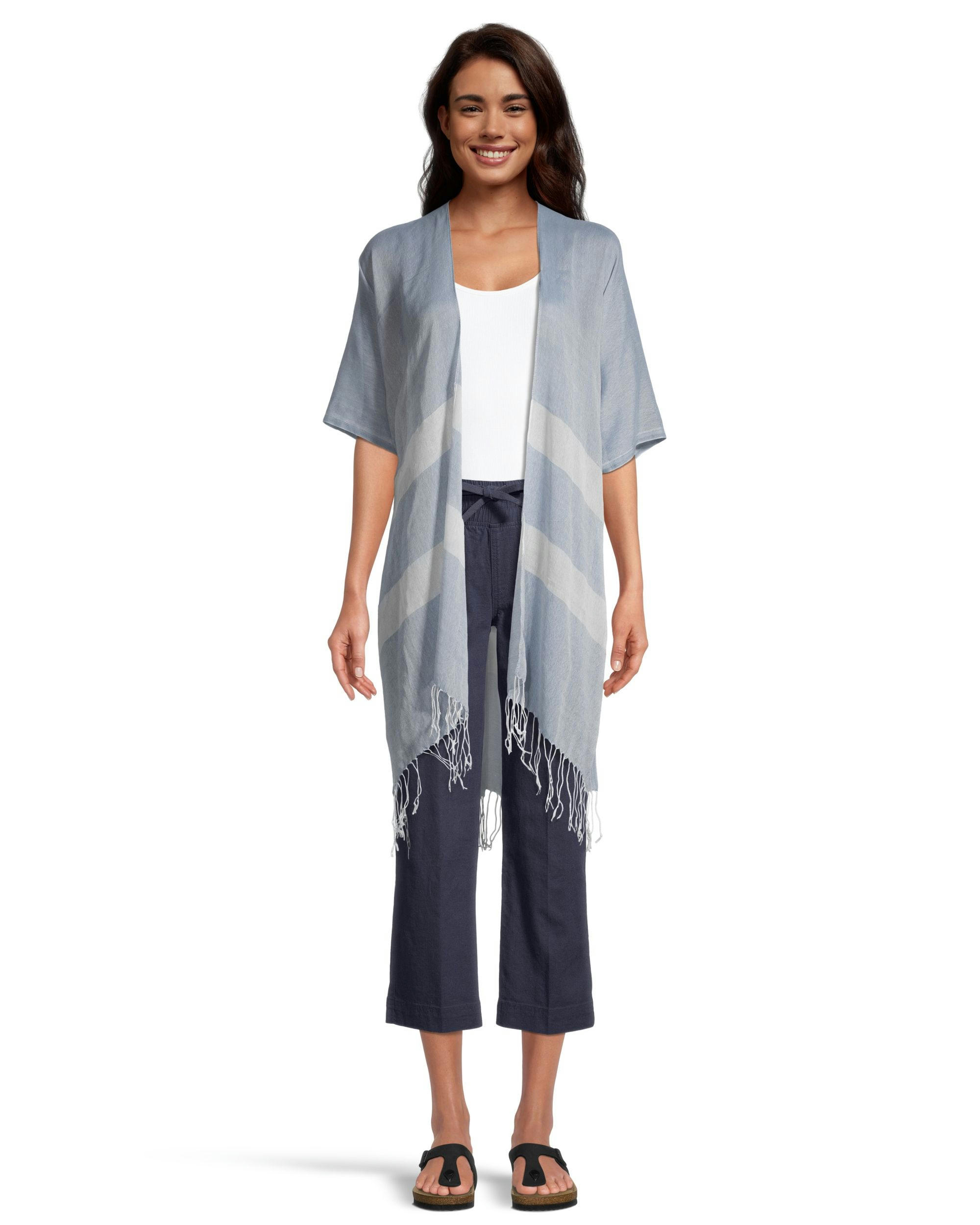 Denver Hayes Women's Striped Ruana Tassel Edge Coverup