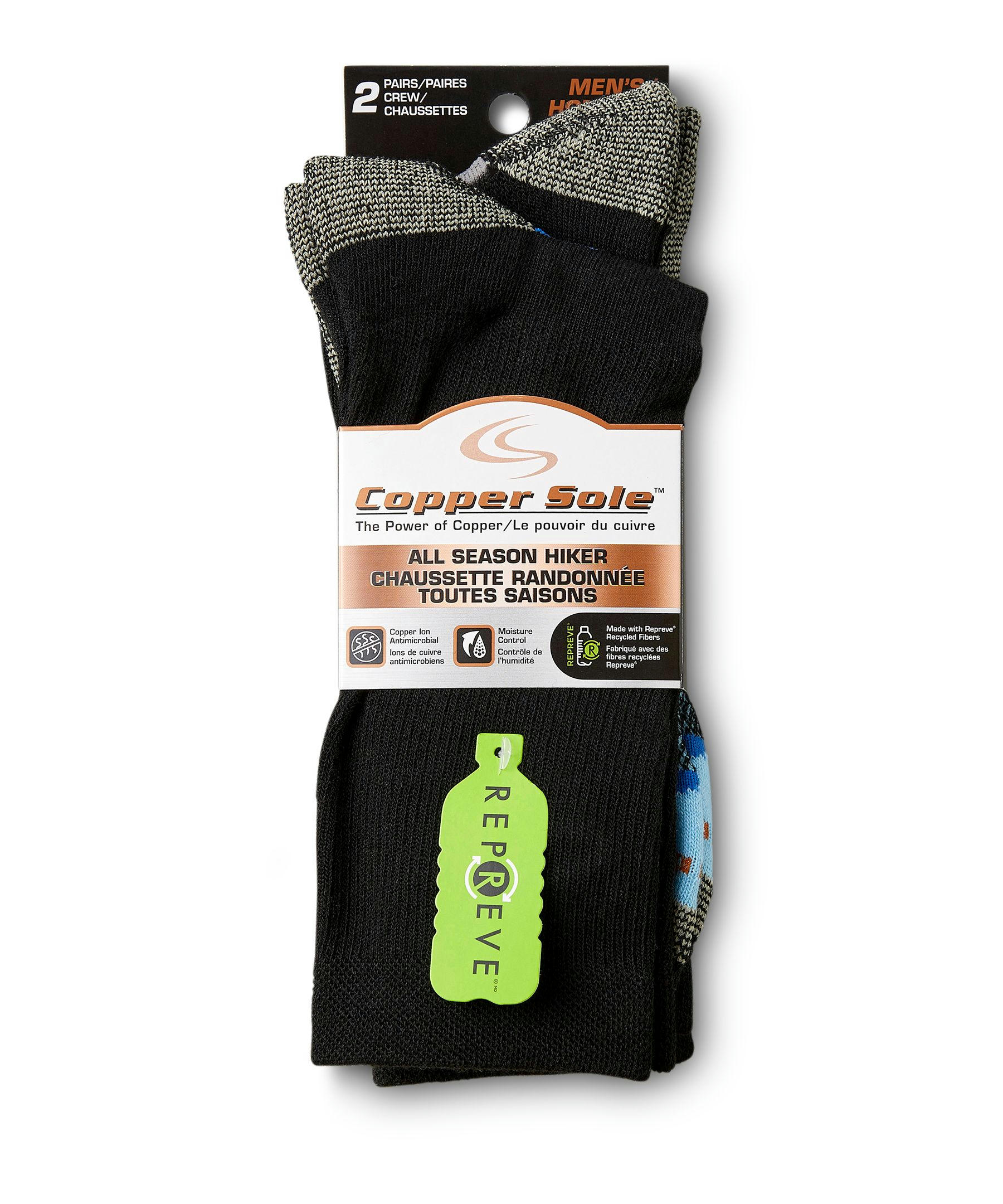 Copper Sole Men's 2 Pack Repreve Crew Hiking Socks with Moisture Guard