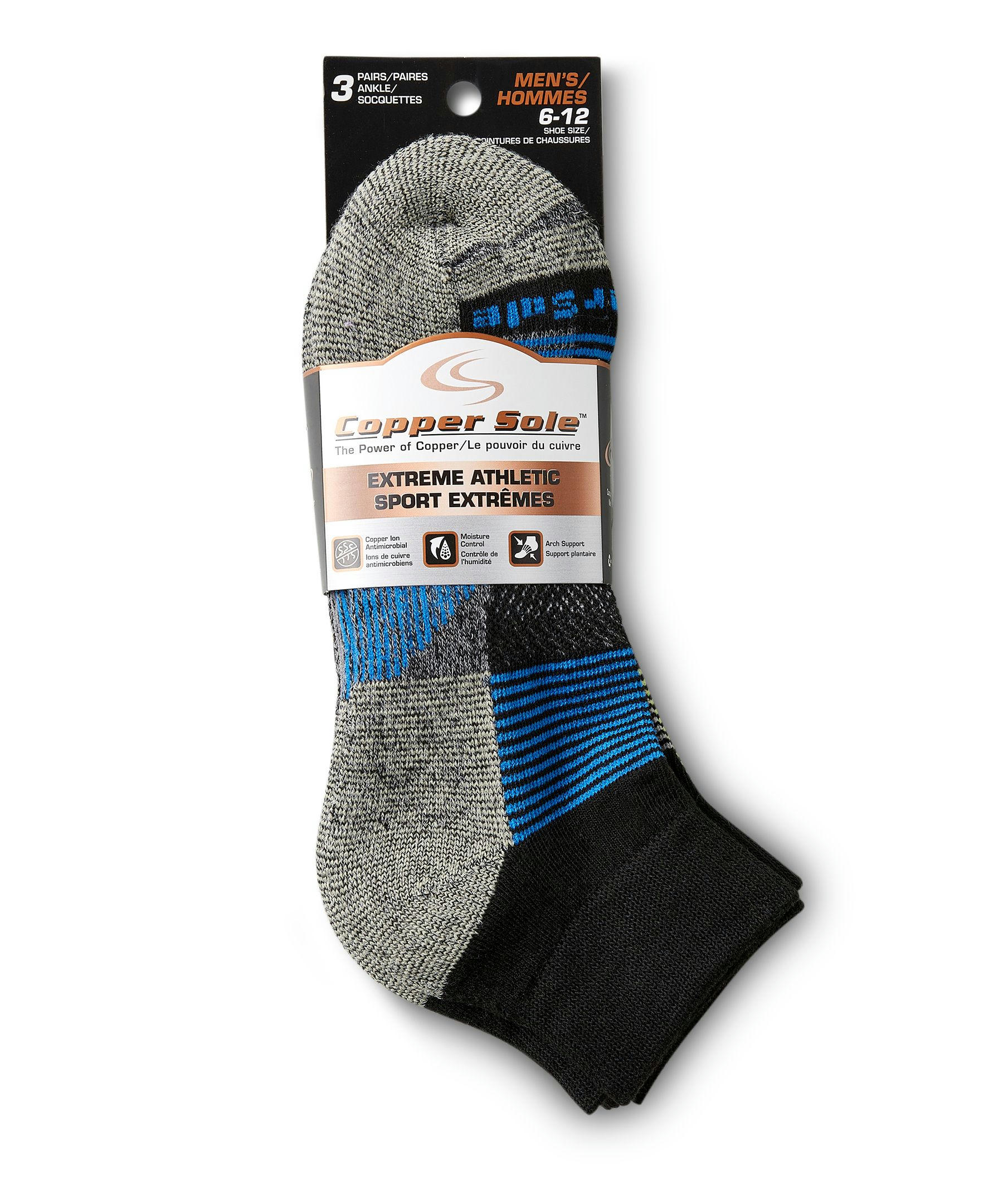 Copper Sole Men's 3 Pack Extreme Athletic Ankle Socks with Moisture Guard