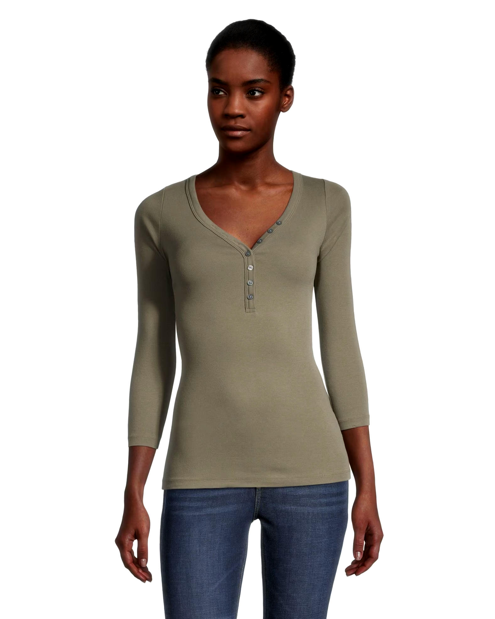 Denver Hayes Women's Three Quarter Sleeve Fitted Henley T Shirt