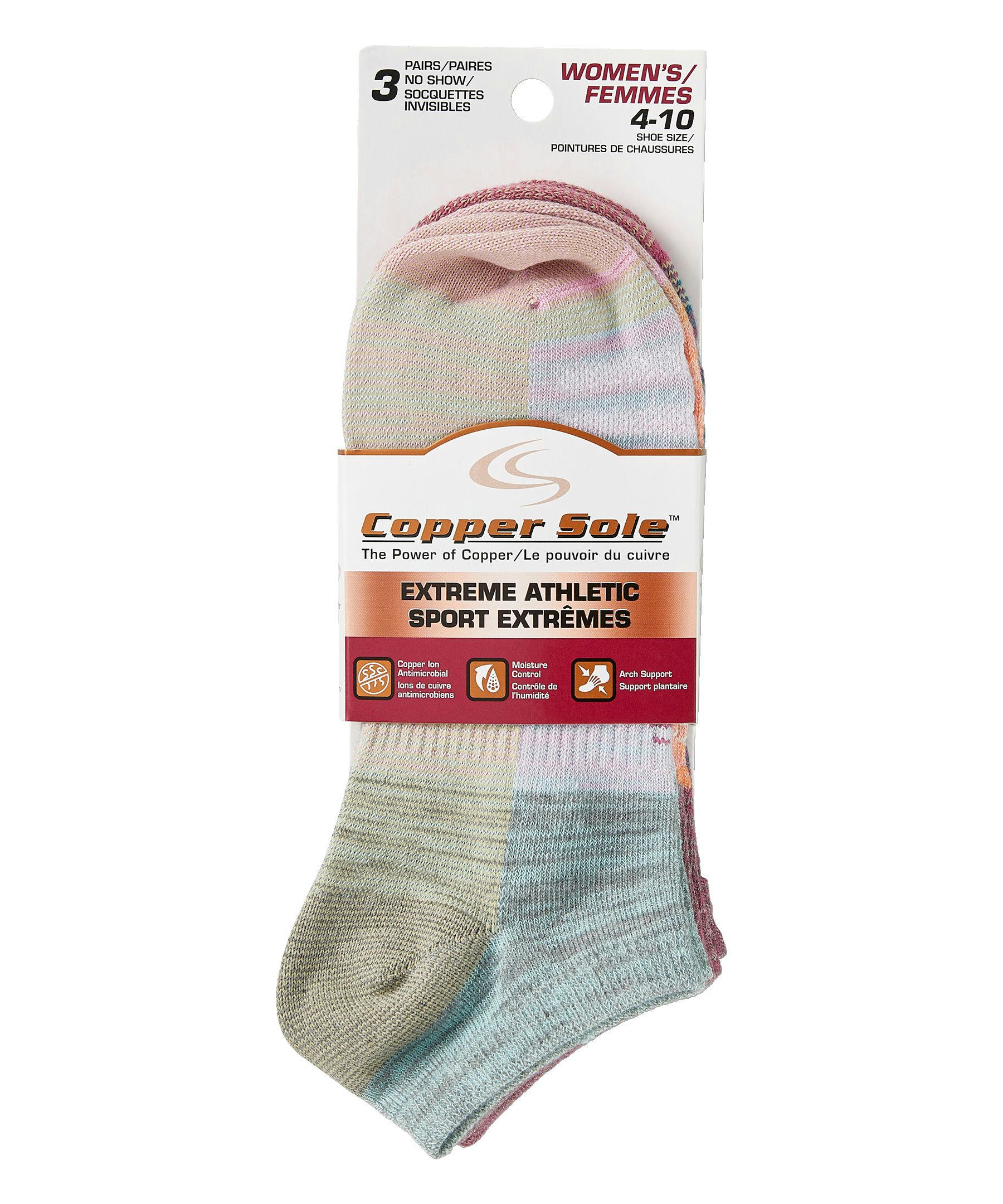 Copper Sole Women's 3 Pack Extreme Athletic No Show Socks