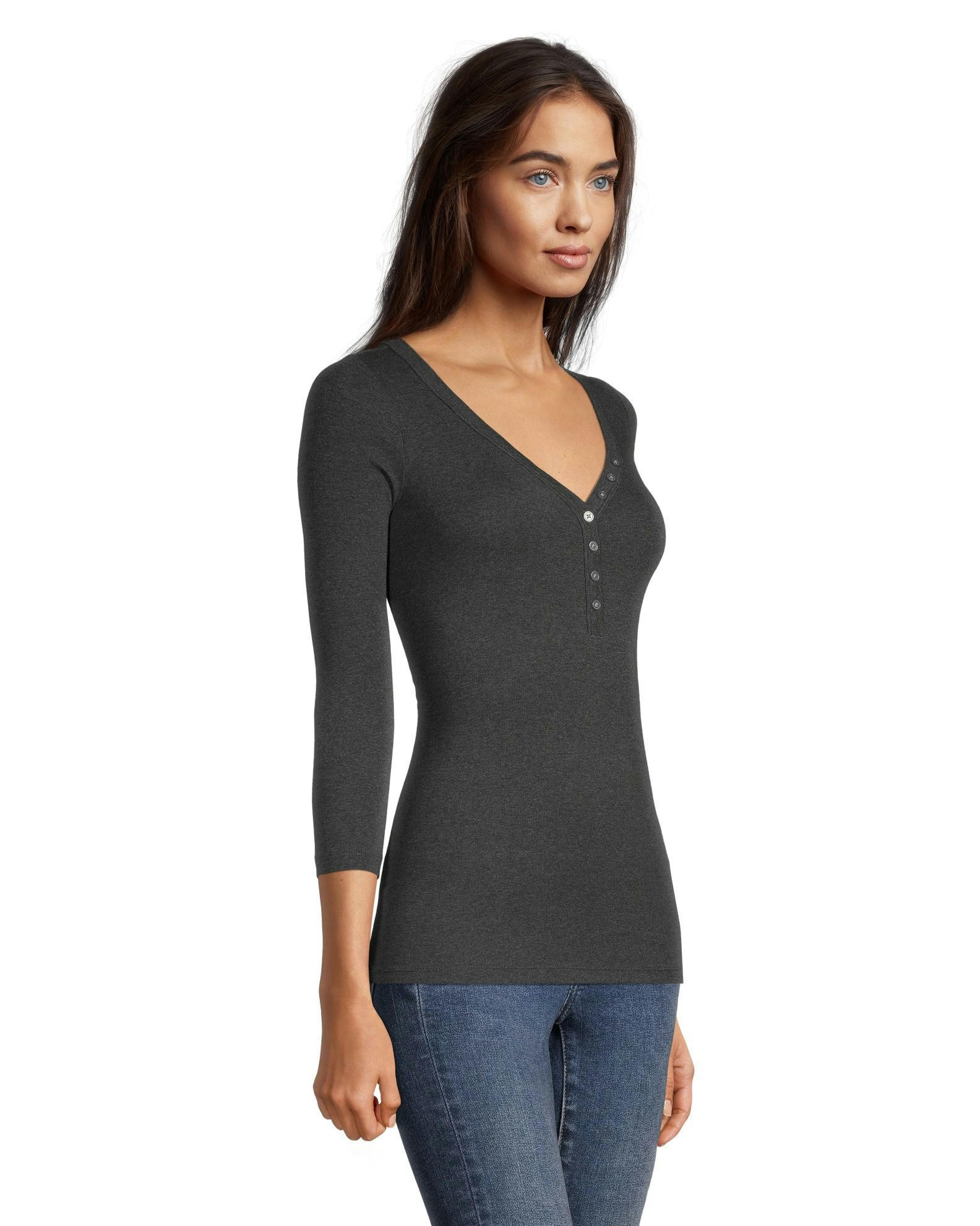 Denver Hayes Women's Three Quarter Sleeve Fitted Henley T Shirt