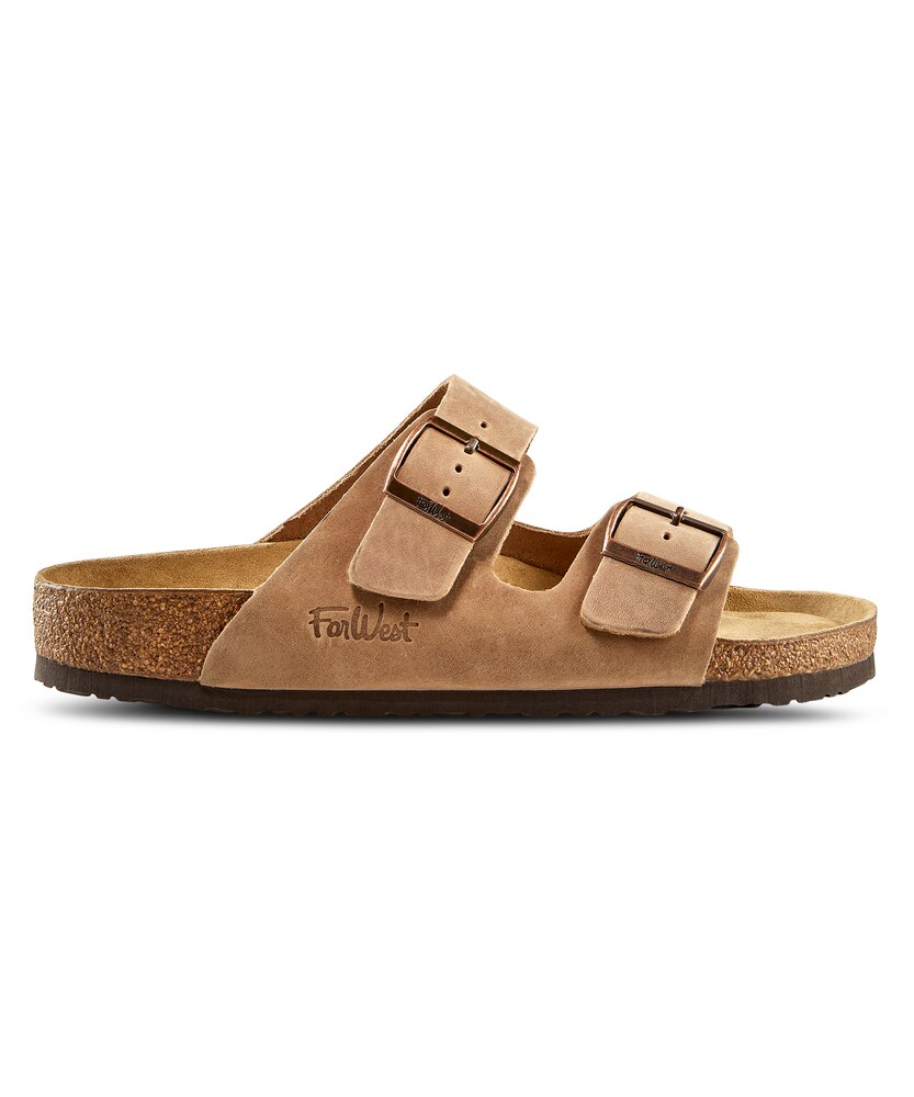 FarWest Men's Tofino Leather Wide Bucke Strap Slip On Sandals -Brown