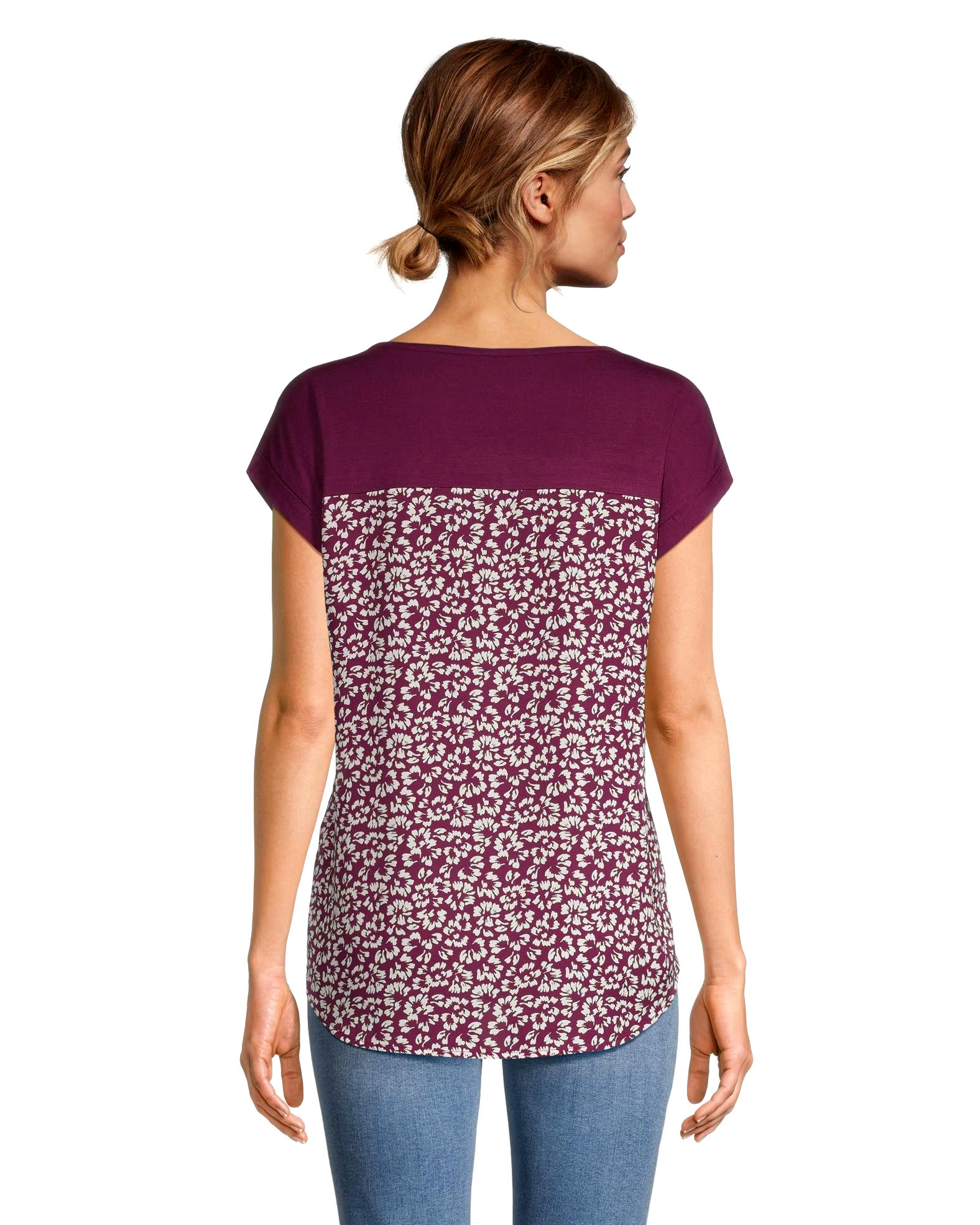 Denver Hayes Women's Mixed Media Printed Short Sleeve Blouse