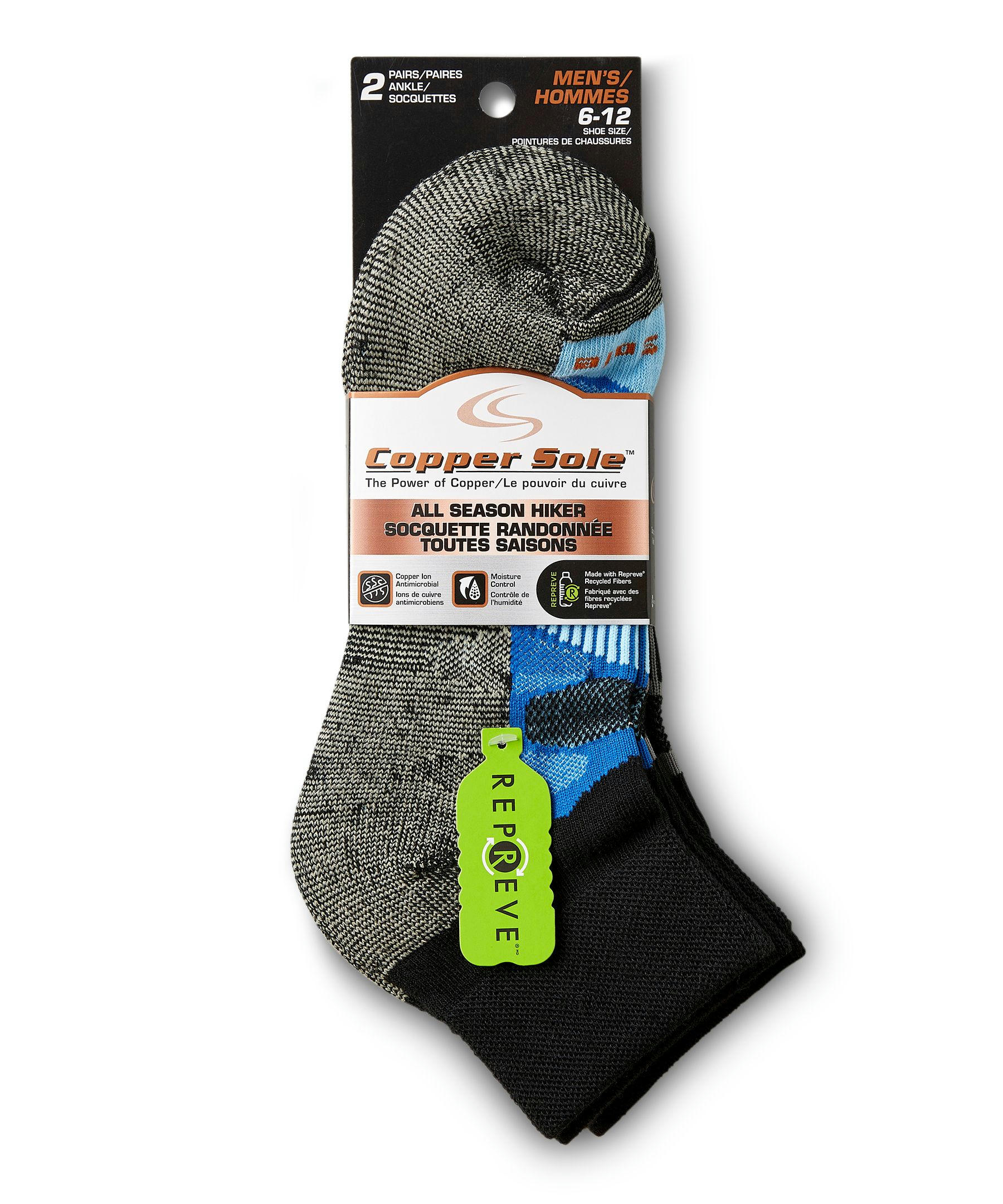 Copper Sole Men's 2 Pack All Season Hiking Moisture Guard Technology Ankle Socks
