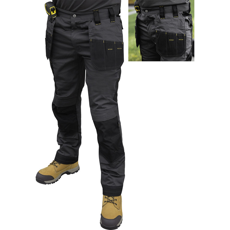 DeWalt Aspen Ripstop Stretch Holster Pocket Trousers Grey/Black 30" S