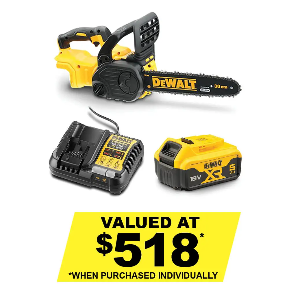 DEWALT 18V XR Brushless 30cm (12") 1x5Ah Chainsaw Kit DCM565P1-XE