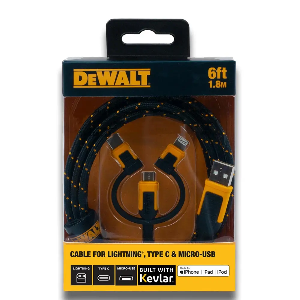 DEWALT 1.8m 3-in-1 USB-C Micro-USB Braided Lightning Cable 1311356DWE