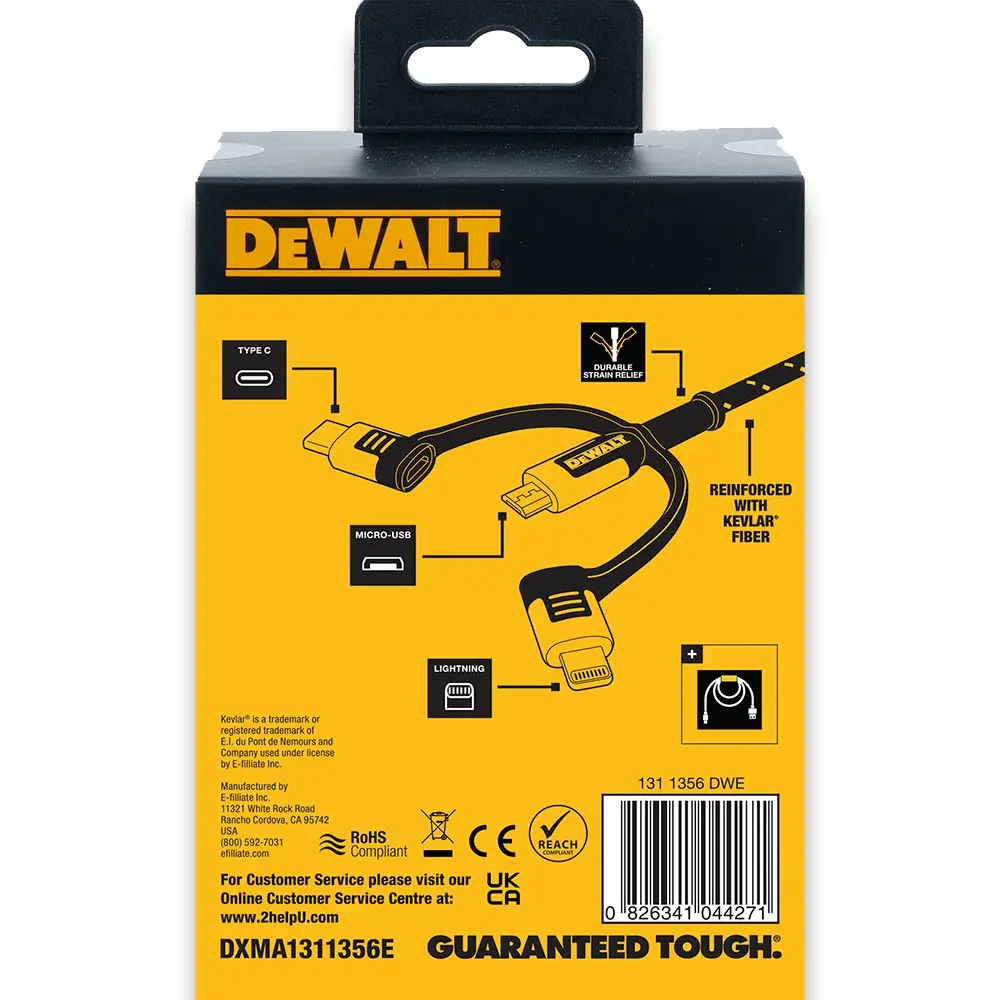 DEWALT 1.8m 3-in-1 USB-C Micro-USB Braided Lightning Cable 1311356DWE