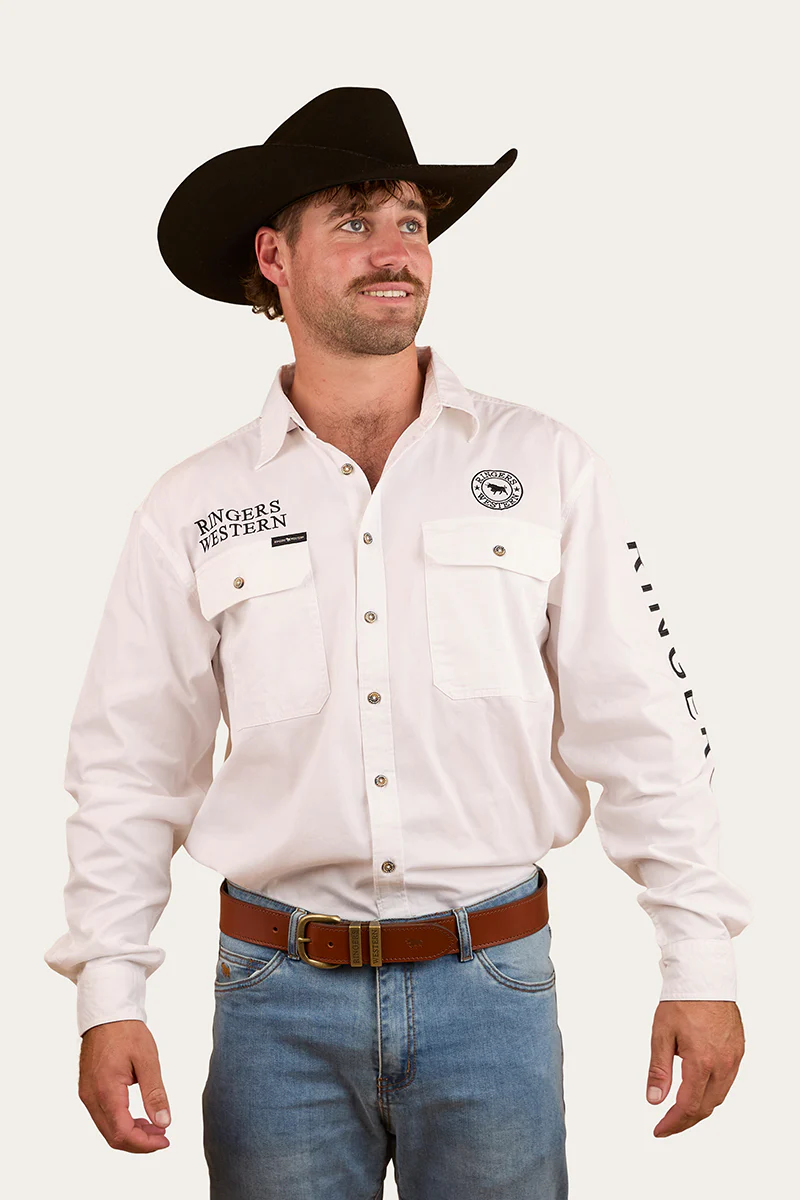 Hawkeye Mens Full Button Work Shirt - White/Black