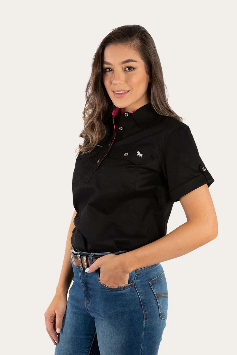 Jules Womens Half Button Short Sleeve Work Shirt - Black/Melon