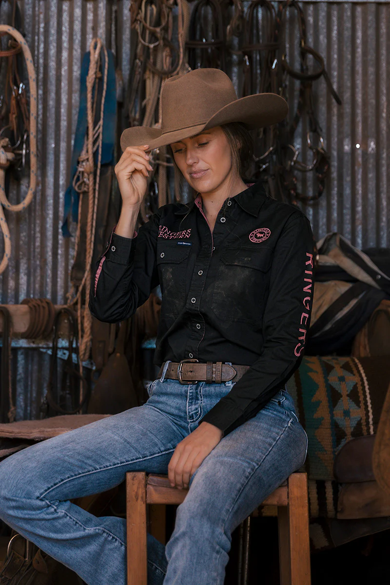 Signature Jillaroo Womens Full Button Work Shirt - Black/Melon