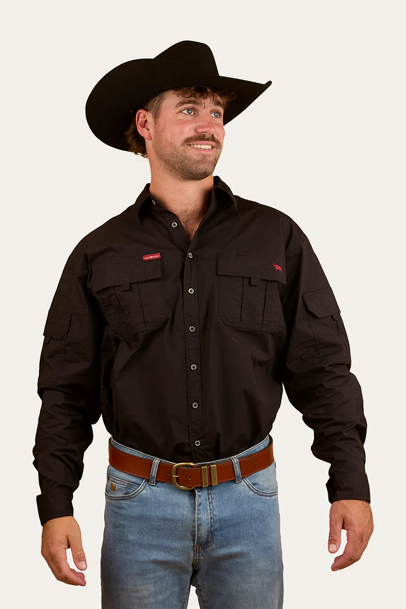 Pilbara Mens Ripstop Full Button Work Shirt - Black