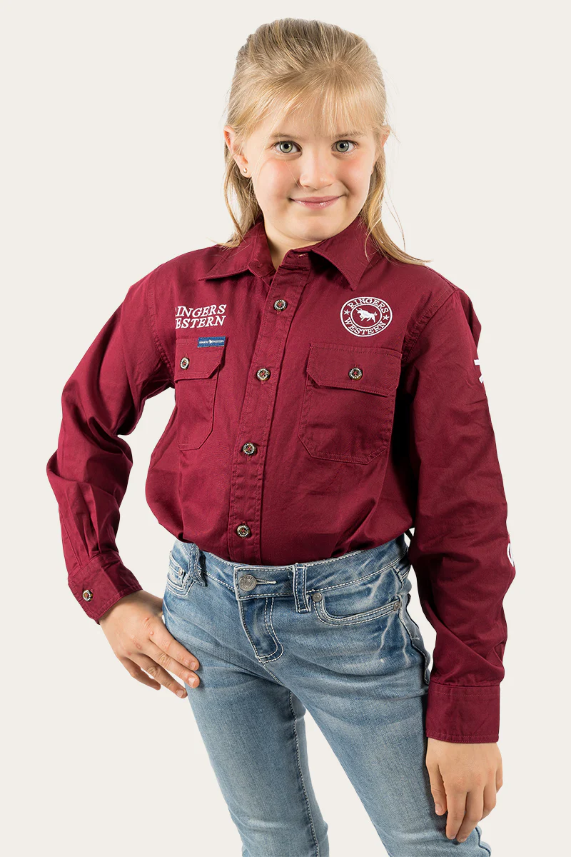 Jackaroo Kids Full Button Work Shirt - Burgundy/White