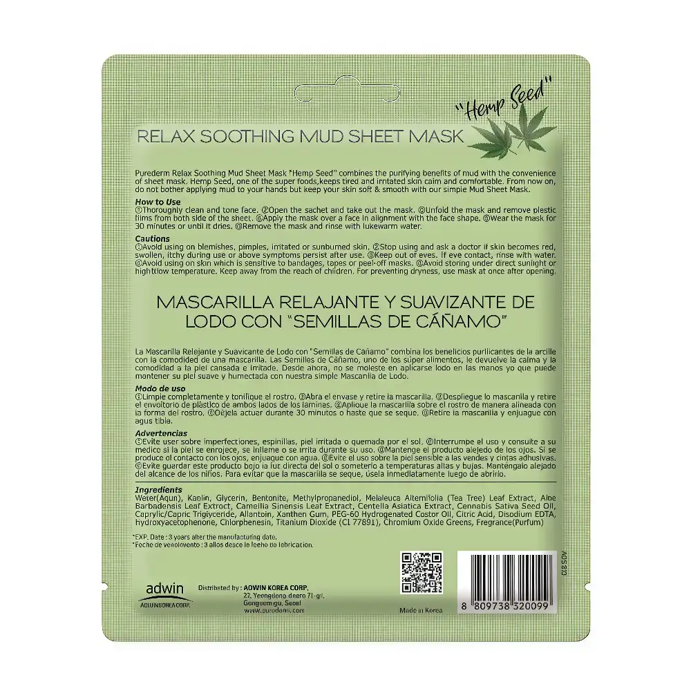 PUREDERM Relax Soothing Mud Sheet Mask Hemp Seed