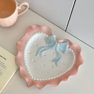 Cute Pastel Bow Heart Plates - Pink