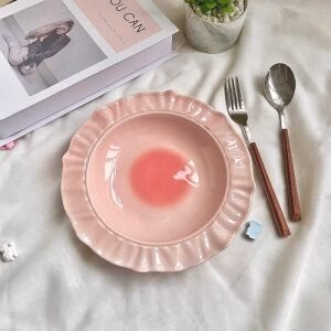 Cute Blush Gradient Ceramic Plate with Ruffled Edges - Pink