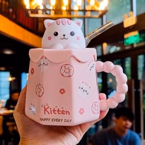 Cute Pink Kitty Lid with Beaded Handle & Straw Cup