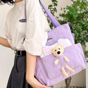Purple Canvas Tote Bag with Teddy Bear Decoration