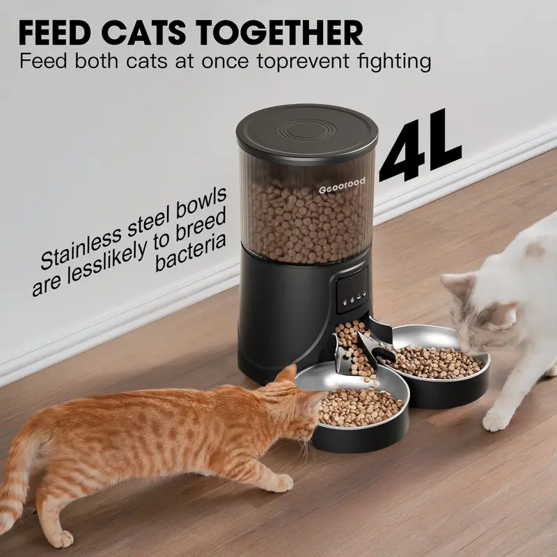 Geoorood Automatic Cat Feeder with Camera, 1080P HD Video, 2.4G WiFi Smart Pet Feeder with One-Way Audio, 4L Large Capacity, Dual Bowl Design for Cats and Small/Medium Dogs