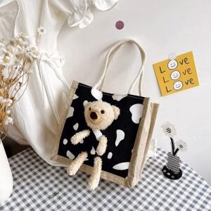 Cute Casual Bear Tote Bag - Black Cow Pattern