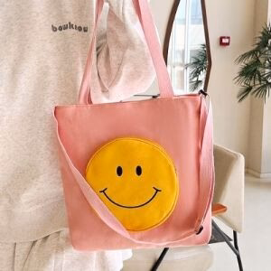 Pink Canvas Tote Bag with Smiley Face Design