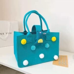 Cyan Blue Felt Tote Bag with Pom-Poms