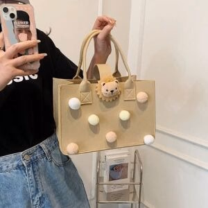 Beige Felt Tote Bag with Pom-Poms