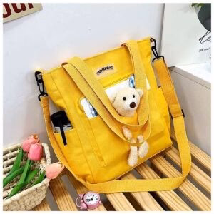 Yelow Canvas Tote Bag with Teddy Bear Decoration