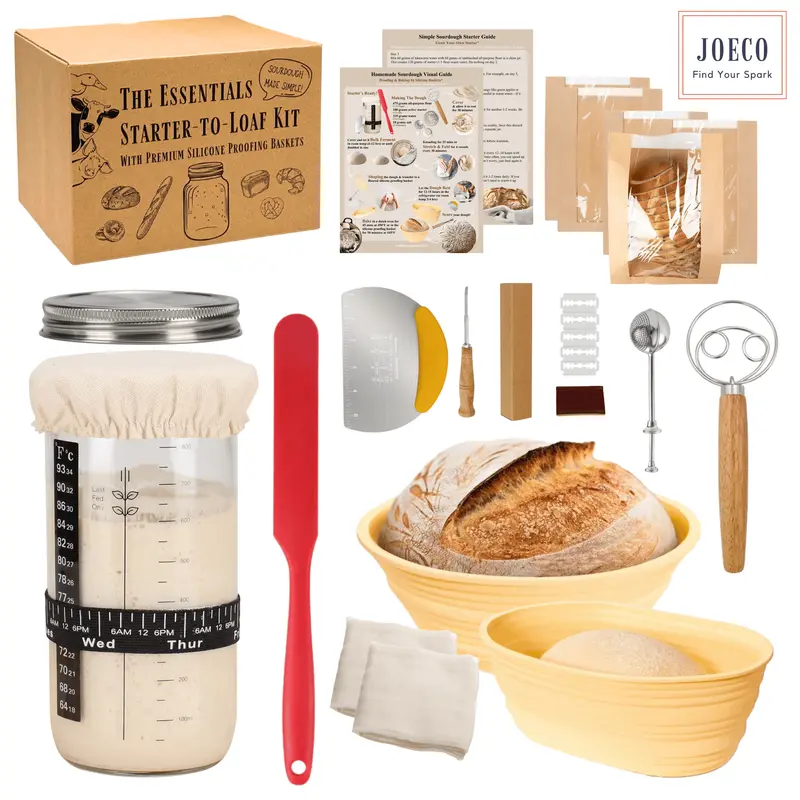 Sourdough Starter-To-Loaf Kit, Premium Silicone Oval & Round Bread Proofing Basket Set, Easy Baking Instructions, Complete Sourdough Kit, 34oz Sourdough Starter Jar With Accessories, Silicone Spatula, Danish Whisk, Dough Scraper, Scoring Knife, Bread