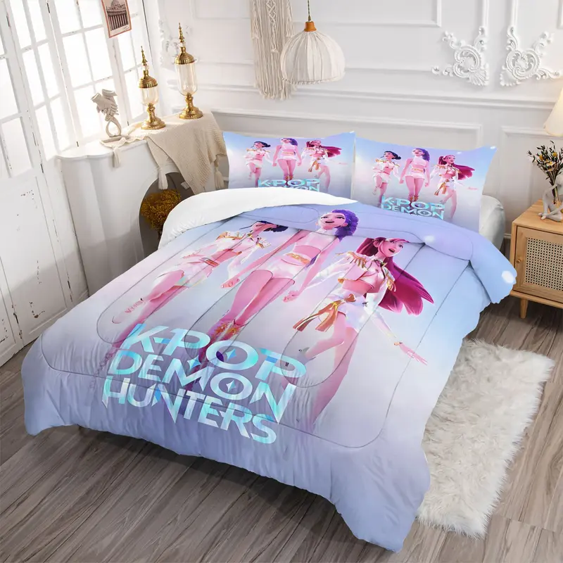 2/3 Pcs K-POP Demon Hunter Print Bedding Set, Anime Character Pattern Comforter and Pillowcase Set, With Quilt Core or Without Pillow Core, All Seasons, Perfect Choice for Child Teen Bedroom Decoration