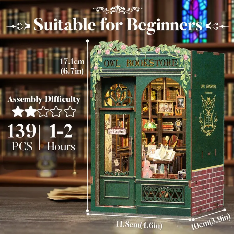 EcoCrafty Owl Bookstore DIY Miniature Booknook Wooden Furniture Kit for Adults Teens with Touch Switch & Soft Lighting Perfect Decorative Display Gift for Book Lovers Mosaic Making