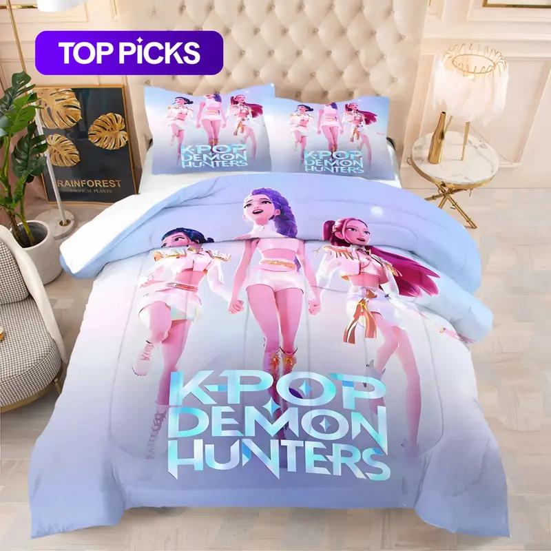 2/3 Pcs K-POP Demon Hunter Print Bedding Set, Anime Character Pattern Comforter and Pillowcase Set, With Quilt Core or Without Pillow Core, All Seasons, Perfect Choice for Child Teen Bedroom Decoration