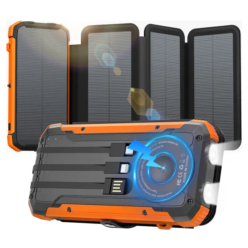 20000mAh Solar power bank PD 15W Fast Solar Charger with Foldable Panels 4 Foldable Panels 15W Wireless Built-in Cables USB-C In/Out Camping Hurricane Emergency Smart iPhone 17 Compatible Chargeable Power Bank