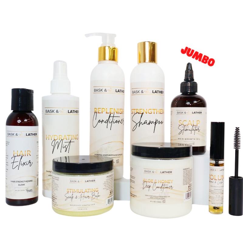 Bask & Lather Ultimate Healthy Hair Care Bundle - Limited Edition with JUMBO Scalp Stimulator, Hair Elixir, Hydrating Mist, Stimulating Balm, Strengthen Shampoo, Replenish Conditioner, Aloe & Honey Deep Conditioner, Volume Serum