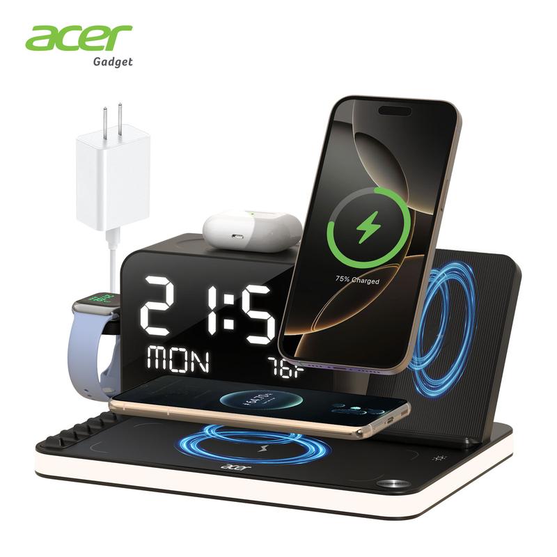 Acer 7 in 1 Wireless Charging Station with LED Night Light, Bluetooth Time Sync Clock & Temperature Display, USB-A & USB-C Ports – Compatible with iPhone, Android, Apple Watch & AirPods, Perfect Christmas & New Year Gift – TikTokShopBlackFriday
