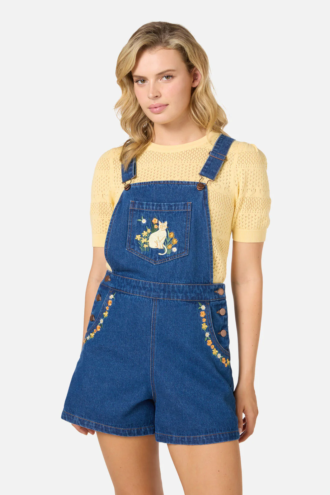 Cats Embroidered Short Overall