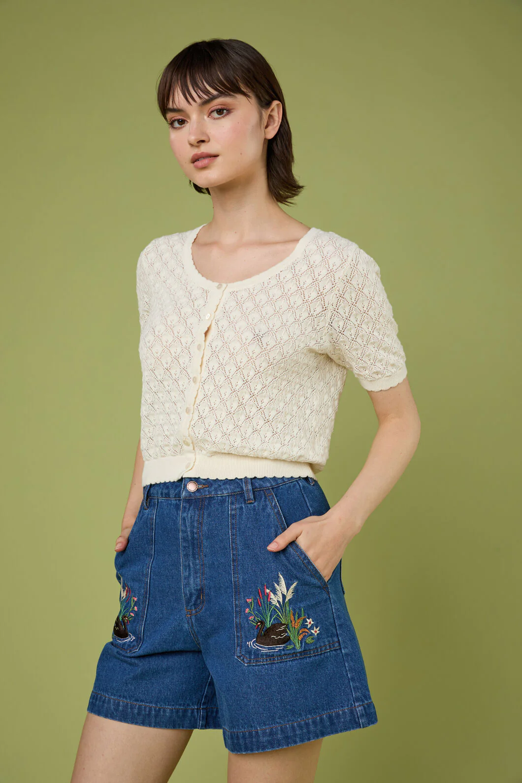 Swan Embroidered Denim Short