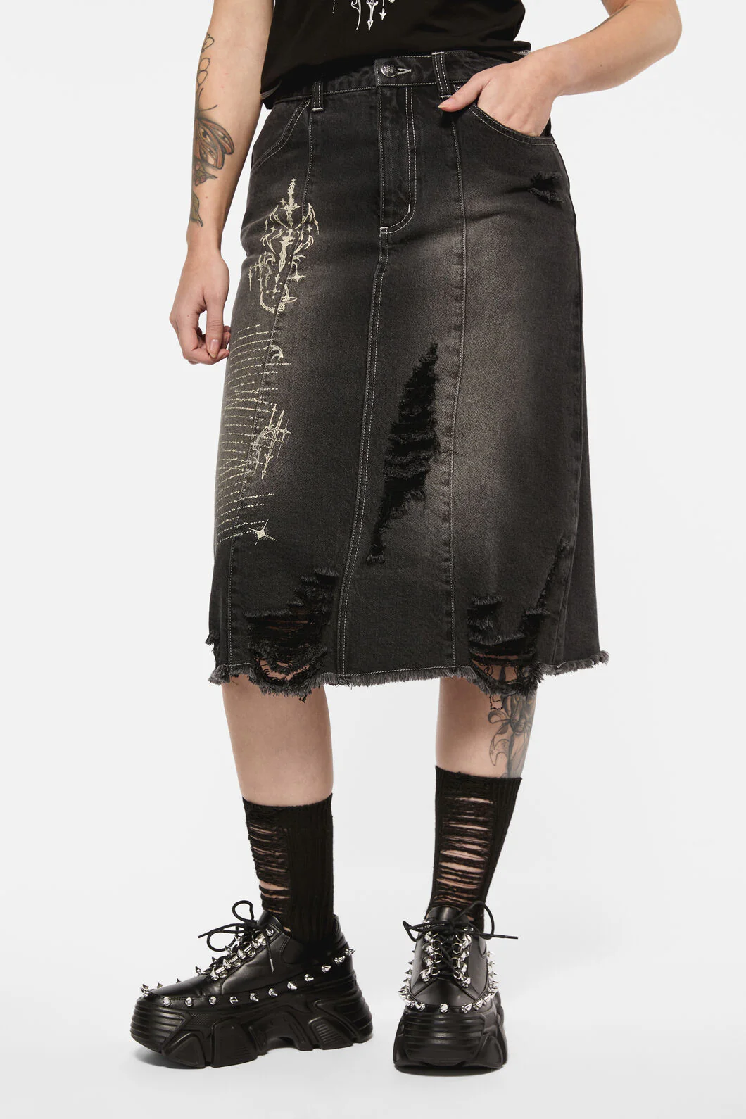 Sigil Distressed Denim Midi Skirt
