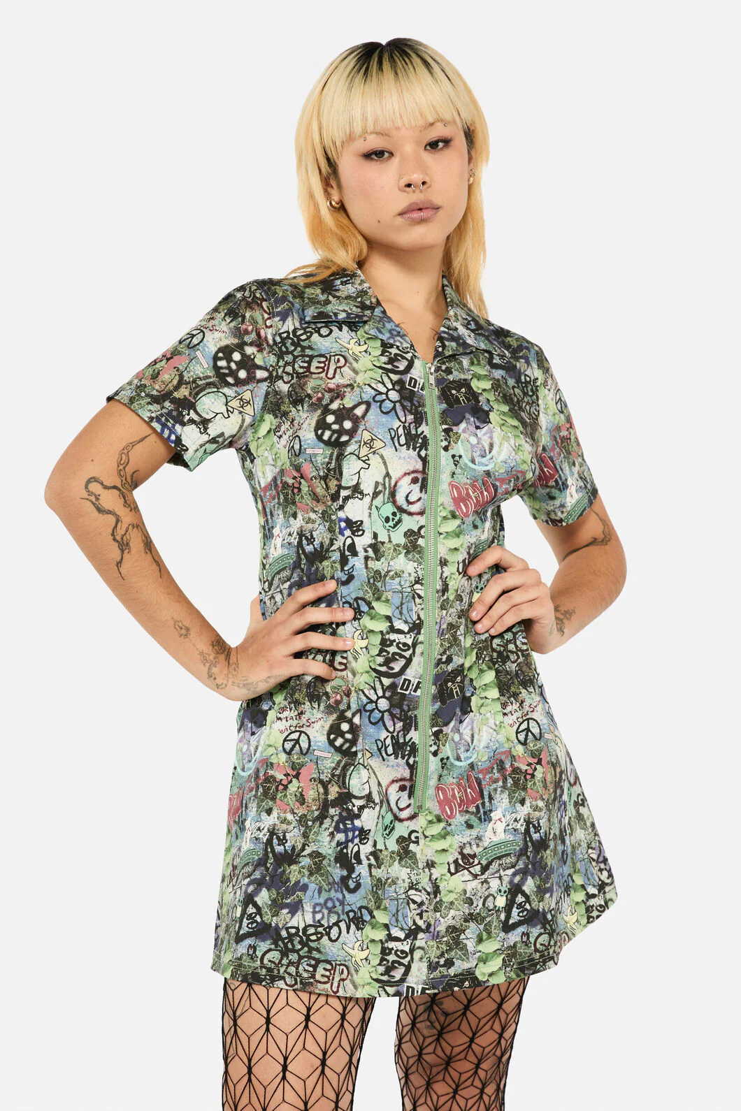 Laneway Zip Print SS Skater Dress