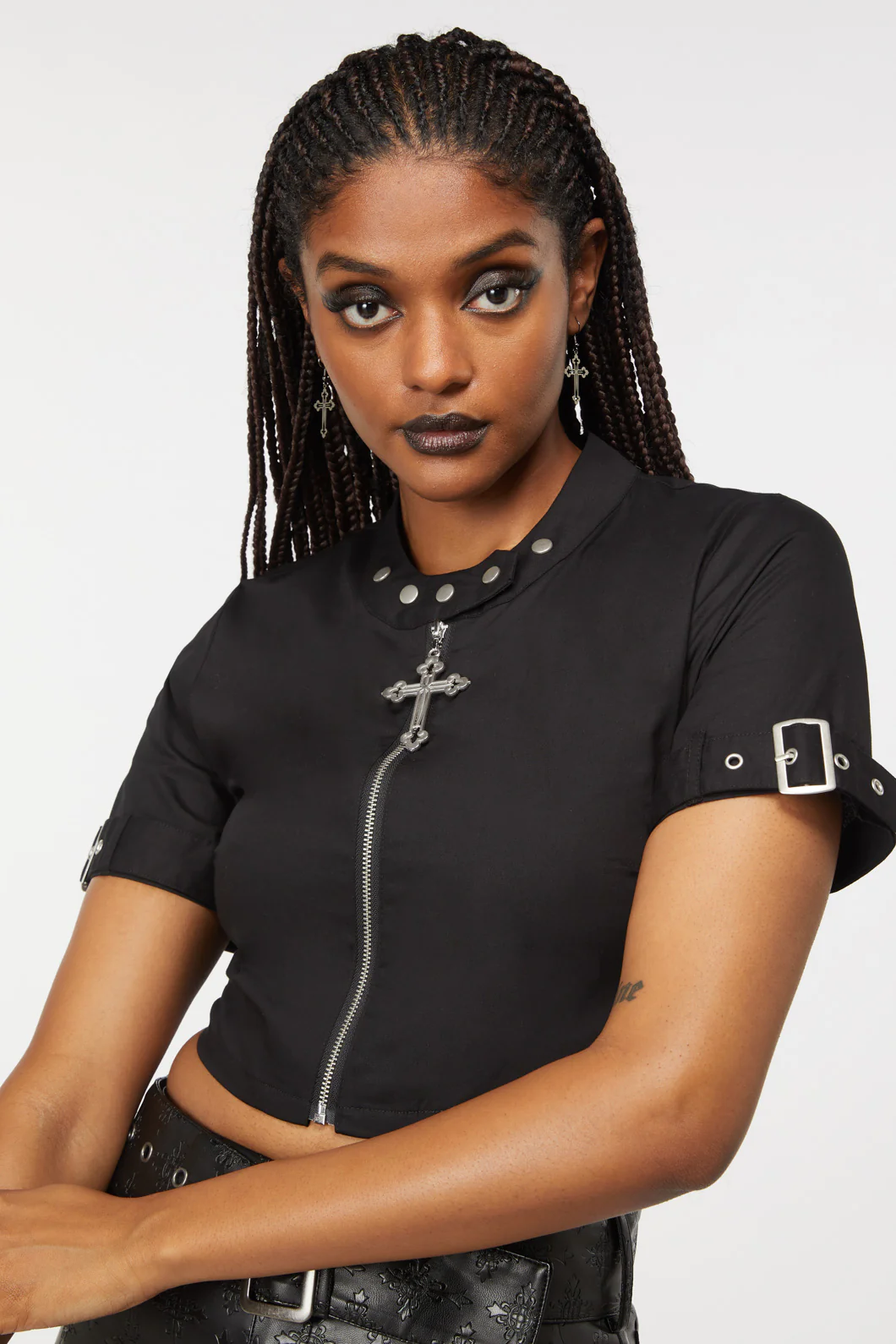 Stud Collar Zipper Blouse